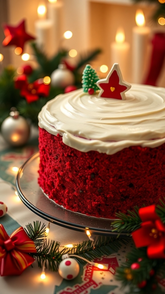 A festive red velvet cake with cream cheese frosting, decorated for Christmas, on a holiday table.